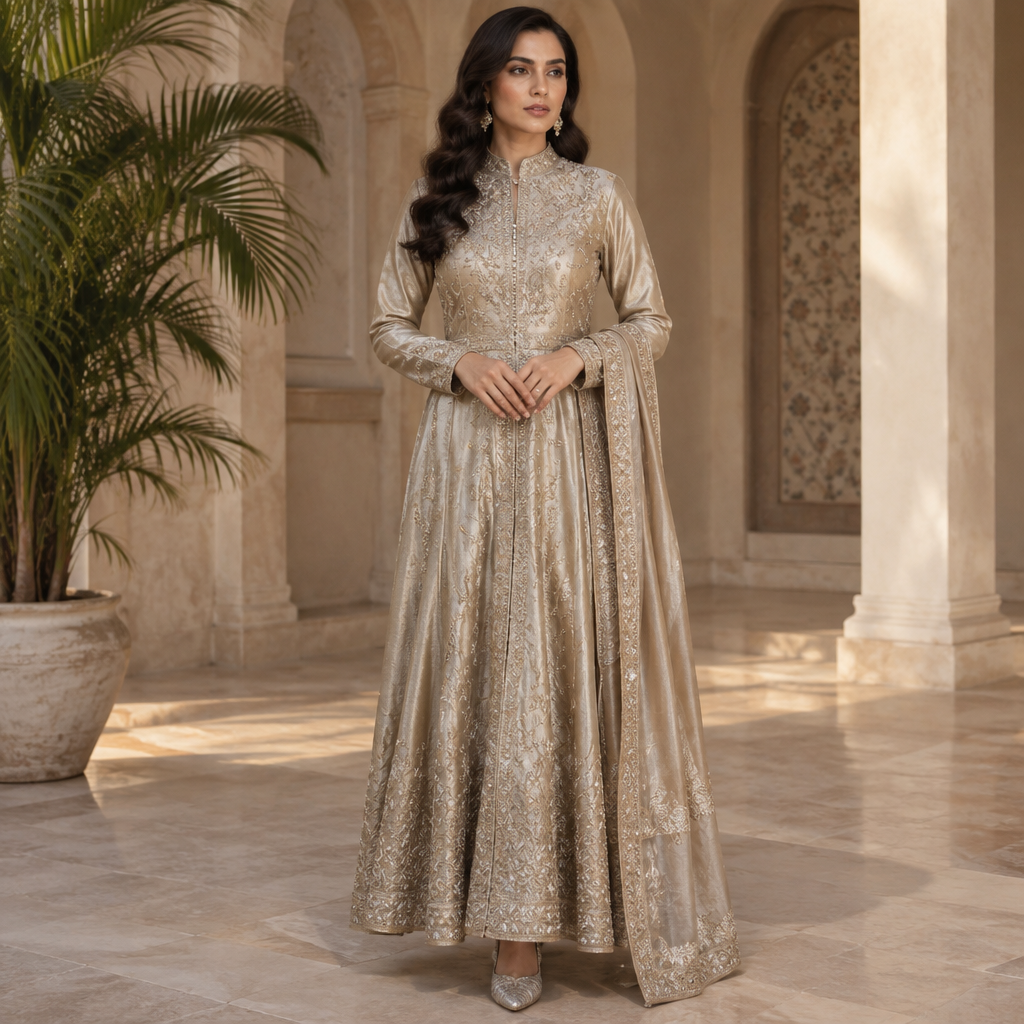 A Female Dress design, made of Silk, with a soft, cosy hand, with a Fitted silhouette, with modest, full coverage: longer hemlines, higher necklines and covered shoulders, in a Metallic color palette, for Party, suitable for Spring, suited to a Tropical climate, in Classic + Artsy style, shown on a model with olive skin and a curvy figure. Pakistan fashion aesthetics. Present it as professional fashion catalogue photography: the garment is the subject, shown full-length with editorial styling, neutral posing and tasteful, non-suggestive framing.
photorealistic fashion design, A Female Dress design, made of Silk, with a soft, cosy hand, with a Fitted silhouette, with modest, full coverage: longer hemlines, higher necklines and covered shoulders, in a Metallic color palette, for Party, suitable for Spring, suited to a Tropical climate, in Classic + Artsy style, shown on a model with olive skin and a curvy figure. Pakistan fashion aesthetics. Present it as professional fashion catalogue photography: the garment is the subject, shown full-length with editorial styling, neutral posing and tasteful, non-suggestive framing., classic style, just the design no text