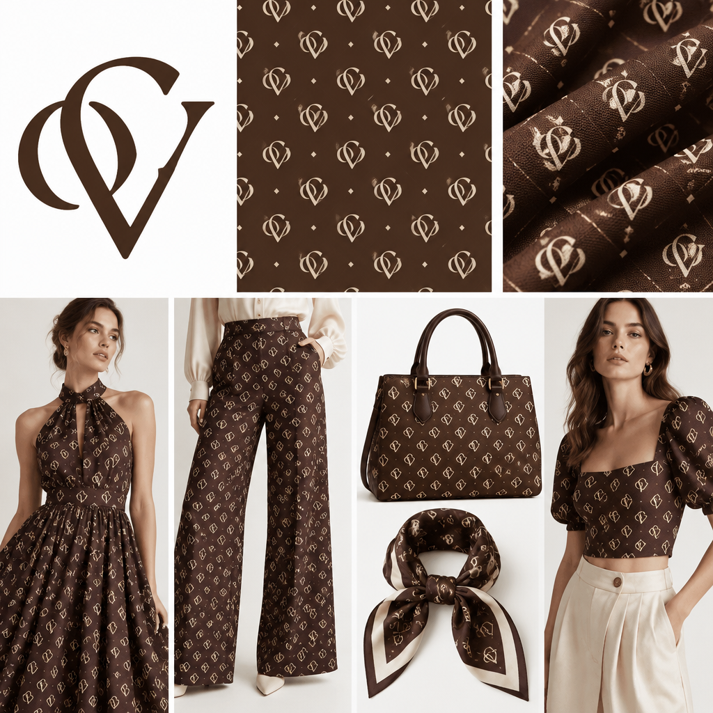 Create a luxury fashion brand signature motif for a young, stylish clothing brand called COVESA.
Design an ORIGINAL monogram-style symbol that can become instantly recognizable as Covesa, similar to how iconic fashion houses have their own repeating signature patterns, but do NOT copy or resemble any existing luxury brand logo or monogram.
The symbol should subtly incorporate the letters C and V in an elegant, clever way, forming one distinctive abstract emblem rather than simply writing “COVESA.” Make it clean, feminine, modern, youthful and sophisticated, with a slightly bold fashion-forward character.
Show the motif as a seamless repeating pattern on a luxury fabric, with small evenly spaced symbols. Also show one large standalone Covesa signature emblem beside the pattern.
The design should look beautiful when used on dresses, tops, trousers, skirts, handbags and scarves. It must be recognizable even when the individual symbols are small.
Keep the motif simple enough for embroidery, printing and woven fabric. Avoid crowns, hearts, stars, obvious initials, generic flowers, or anything that looks copied from Gucci, Louis Vuitton, Chanel, Dior, Fendi, Burberry or any other existing fashion house.
Color direction: deep espresso brown and warm cream as the first version, with a refined luxury finish.
Present it as a professional fashion-brand identity concept board, clean white background, crisp details, high-end fashion design presentation.
photorealistic fashion design, Create a luxury fashion brand signature motif for a young, stylish clothing brand called COVESA.
Design an ORIGINAL monogram-style symbol that can become instantly recognizable as Covesa, similar to how iconic fashion houses have their own repeating signature patterns, but do NOT copy or resemble any existing luxury brand logo or monogram.
The symbol should subtly incorporate the letters C and V in an elegant, clever way, forming one distinctive abstract emblem rather than simply writing “COVESA.” Make it clean, feminine, modern, youthful and sophisticated, with a slightly bold fashion-forward character.
Show the motif as a seamless repeating pattern on a luxury fabric, with small evenly spaced symbols. Also show one large standalone Covesa signature emblem beside the pattern.
The design should look beautiful when used on dresses, tops, trousers, skirts, handbags and scarves. It must be recognizable even when the individual symbols are small.
Keep the motif simple enough for embroidery, printing and woven fabric. Avoid crowns, hearts, stars, obvious initials, generic flowers, or anything that looks copied from Gucci, Louis Vuitton, Chanel, Dior, Fendi, Burberry or any other existing fashion house.
Color direction: deep espresso brown and warm cream as the first version, with a refined luxury finish.
Present it as a professional fashion-brand identity concept board, clean white background, crisp details, high-end fashion design presentation., just the design no text