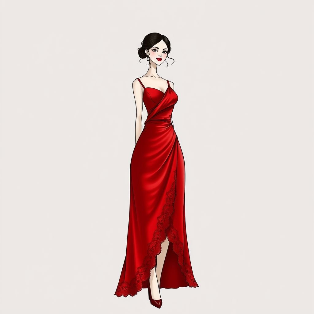 A red silk dress, thigh length with thin straps and boot cut
Design a striking red silk dress that finishes at thigh length, featuring delicate, adjustable thin straps for a customizable fit. The dress transitions into a playful boot-cut silhouette, enhancing movement and flair. Accentuate with intricate lace detailing along the hem, while a bold asymmetric neckline adds an avant-garde twist.