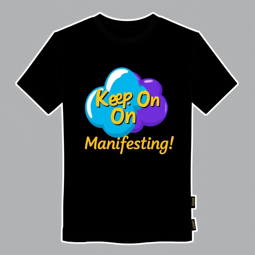 Customize a black every where unisex close fit T-shirt with baby blue purple and gold bubble puff print in the center with “ Keep On Manifesting!” In the back where the tag should be print the logo SS in gold an on the right at the bottom but a tag with the logo SS.
Design a casual black unisex T-shirt featuring a sleek close fit. In the center, display a vibrant bubble puff print in baby blue, purple, and gold, declaring “Keep On Manifesting!” On the back, replace the tag with an elegant SS logo in gold. Accentuate the right bottom corner with a matching SS tag for a cohesive, trendy look. Perfect for relaxed outings!