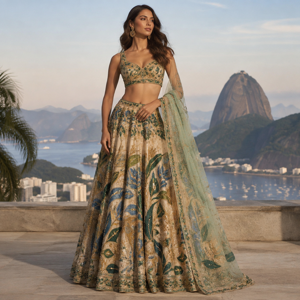 A Female Lehenga design. Brazil fashion aesthetics. Present it as professional fashion catalogue photography: the garment is the subject, shown full-length with editorial styling, neutral posing and tasteful, non-suggestive framing.
photorealistic fashion design, A Female Lehenga design. Brazil fashion aesthetics. Present it as professional fashion catalogue photography: the garment is the subject, shown full-length with editorial styling, neutral posing and tasteful, non-suggestive framing., just the design no text