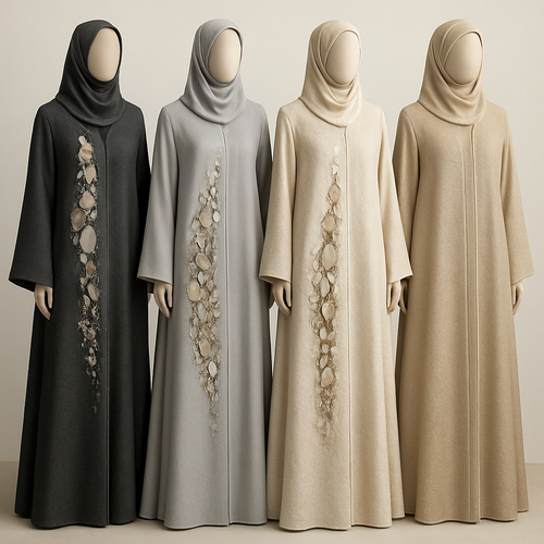 Create a modest abaya that's the first of its kind, featuring a unique stone design that exudes a classy and sophisticated vibe. I'd like four designs, each showcasing different styles and fabrics.
Incorporate high-end, unique chic stone designs to make them truly special. Add a little sophisticated stone work to it.