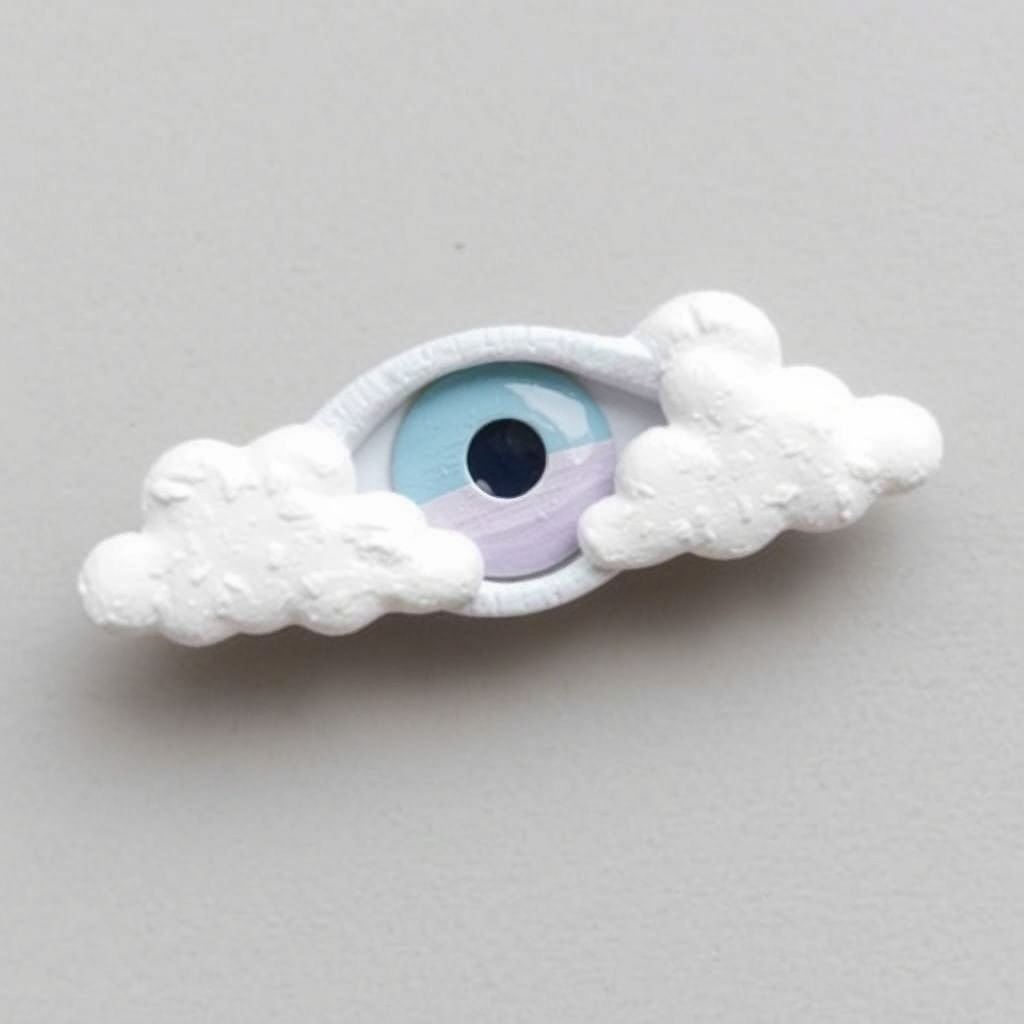 Papier-mâché minimal brooch inspired by eye and clouds
Design a minimalist brooch crafted from delicate papier-mâché, shaped like a dreamy eye surrounded by soft, billowing clouds. The eye features subtle hues of cerulean and lavender, evoking a serene sky, while the clouds are textured with white, matte finishes. This unique piece embodies whimsy and serene elegance, perfect for layered outfits.