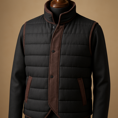
1) SDXL — 3/4 product shot (main)
Photorealistic product shot of an original men's reversible quilted vest on a premium polished wooden full‑torso mannequin. Primary side: matte black fabric with horizontal channel quilting; accent trims and pocket edges in warm brown‑dark mauve (brown with a subtle dark mauve tint) Add to fitness wool like sheep's wool in the same brown / dark mauve color. Horizontal puff/channels across the body. Features: detachable funnel collar lined in brown‑mauve microfiber, concealed two‑way matte black zipper, off‑center snap placket, subtle asymmetrical hem, refined visible stitch details and realistic fabric texture. Styling: worn over a dark charcoal traditional Saudi thobe, posed on a luxurious wooden mannequin. Lighting: studio luxury catalogue lighting — soft directional key light from left, gentle rim light, neutral warm backdrop, shallow depth of field. Camera: 85mm, f/4, high detail, ultra‑realistic, commercial product photography. No logos, no text, no watermark, not a replica.

Negative: avoid logos, text, watermark, hands, unrealistic colors, cartoonish, low‑res.

2) SDXL — Front shot (catalog)
Photorealistic front product shot of the same reversible quilted vest on a polished wooden full‑torso mannequin. Straight‑on view, even studio lighting, soft shadows, sharp fabric texture and pocket/zipper details visible. Camera: 50mm, f/5.6, neutral warm backdrop, commercial catalogue style. No logos or text.

3) SDXL — Close‑up detail
Extreme close‑up of vest fabric and stitching: horizontal quilting channels, brown‑mauve piping, zipper teeth and microfiber collar lining. Macro detail, true fabric grain, studio lighting for texture emphasis, high dynamic range, ultra realistic. Camera: 100mm macro, f/8, focus stacking if possible. No logos, no watermark.
Photorealistic product shot of a men’s reversible quilted vest on a premium wooden full‑torso mannequin — matte black primary, warm brown‑mauve accents, horizontal quilting, detachable funnel collar, concealed two‑way matte black zipper, over dark charcoal Saudi thobe, studio luxury lighting, shallow DOF, ultra‑realistic, no logos —ar 3:4 --q 2 --stylize 50