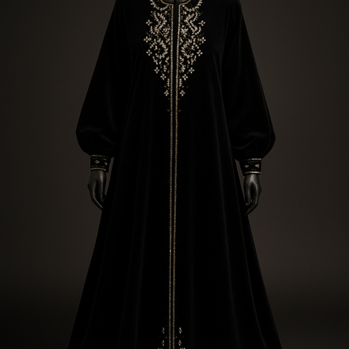 
For the tailor/designer:
Luxury ankle-length black velvet abaya made from premium heavyweight black velvet (approx. 320–400 g/m²). Flowing A-line silhouette to the ankle, dropped soft shoulders, wide long sleeves with gathered cuffs, no collar, hidden front closure (invisible zipper or concealed snaps). Lined with lightweight black silk chiffon for comfort. Embellishment: Swarovski crystals (mix of clear and jet/black, with optional small gold-tone accent stones) arranged in a tasteful symmetric pattern—concentrated arabesque motif at the chest, linear accents along the front opening, sleeve edges, and front hem. Use small chatons (ss10–ss16) with a few larger stones (ss30) as focal points; outline crystal groups with fine gold hand embroidery; spacing ~1.5–2 cm between stones. Construction: reinforced stone backing, hand-stitched beadwork, invisible hemming, couture finishing. Care: dry-clean only; allow extra 7–10 days for hand-beading.

For image-generation (photorealistic prompt):
Photorealistic full-length black velvet abaya on a standing model/mannequin, ankle-length flowing A-line silhouette, wide gathered sleeves, no collar, hidden front closure. Deep matte-black velvet with visible plush texture; embellished with Swarovski crystals (clear and jet black, subtle gold accents) arranged symmetrically on chest, sleeve edges, front opening and hem, outlined with delicate gold embroidery; lined with black chiffon. High-fashion couture styling, soft studio lighting with gentle rim light, close-up fabric texture and macro crystal detail, cinematic, hyper-realistic, high-detail.
