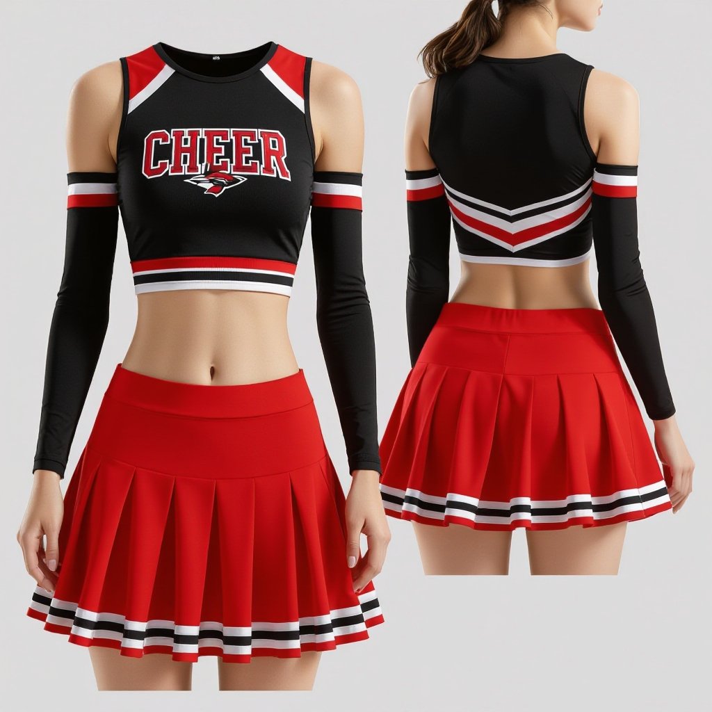 Cheerleading suit with skirt and crop top in red and black colours with logo on the front of the top
Red and black cheerleading suit. The spandex crop top has a round neck and front logo. The matching skirt has pleats.