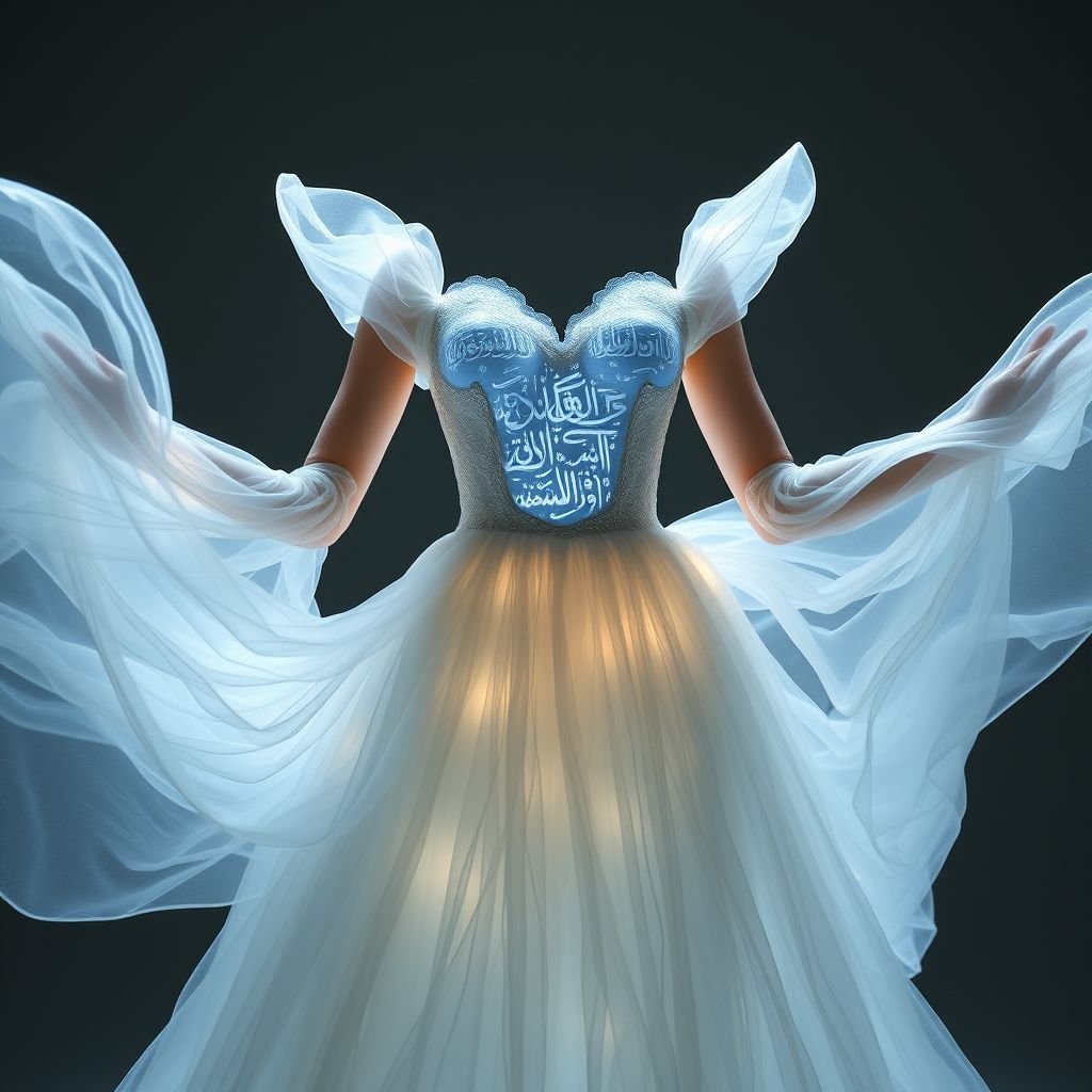Ur so good!!! MORE LIFE. THANK YOU:)));) Design a gown inspired by the concept of a whispered prayer caught in the wind. The dress should be airy, weightless, and flowing as if made of moving air and sound itself. Use layers of translucent fabric in pale silvers, soft whites, and hints of sky blue, with wisps that trail like breath in cold air. Embedded in the fabric are faint, glowing script-like markings—ancient or angelic—fading in and out like echoes. The bodice is shaped like folded hands or soft wings, and the hemline ripples upward slightly, defying gravity. The overall feeling should be holy, haunting, and gentle—like a moment of stillness when Heaven leans in to listen.
Design a gown that embodies the ethereal essence of a whispered prayer caught in the wind, blending fluidity and spirituality. This enchanting piece features layers of diaphanous fabric in luminescent silvers, delicate whites, and soft azure, cascading gracefully. The bodice mimics the silhouette of folded hands, adorned with intricate, glowing script markings that flicker subtly, reminiscent of sacred texts. Lightweight, flowing sleeves create a soft halo effect, while the hemline dances upward, evoking a sense of weightlessness. The design envelops the wearer in a gentle embrace, evoking serenity and a divine connection—a perfect harmony of elegance and otherworldliness that leaves a lingering impression of grace and tranquility.