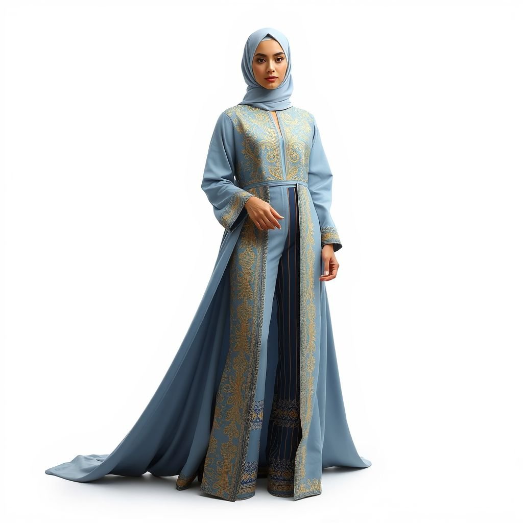 Sketch of abaya that is long blue light with gold pattern and shoulder have a trouser with unique pattern and stripes
Design a classic abaya that gracefully drapes to the floor in a soft blue hue, adorned with intricate gold patterns reminiscent of timeless elegance. The shoulders feature delicate embellishments, seamlessly transitioning into tailored trousers adorned with unique patterns and subtle stripes. This ensemble embodies sophisticated tradition and contemporary flair.