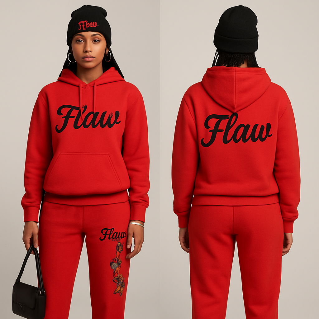 Red jogging suit hoodie with bold words Flaw in abbreviation on it in Black in cursive braids gold hoop earrings and gold bracelet flowers one sleeve and pants Black cross body purse and black nike shoes a black beanie saying Flaw in red
Red jogging suit hoodie with bold words Flaw in abbreviation on it in Black in cursive braids gold hoop earrings and gold bracelet flowers one sleeve and pants Black cross body purse and black nike shoes a black beanie saying Flaw in red, show front and back