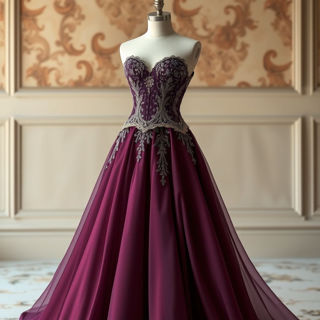 Long full flare dress with upper corset embellishments
Create an exquisite long full flare dress that embodies the elegance of classic fashion. The design features a gracefully structured corset, lavishly embellished with intricate lace and embroidery. Soft, flowing chiffon cascades from the waist, accentuating timeless femininity. Rich jewel tones enhance its regal aura, making it perfect for a formal soirée.