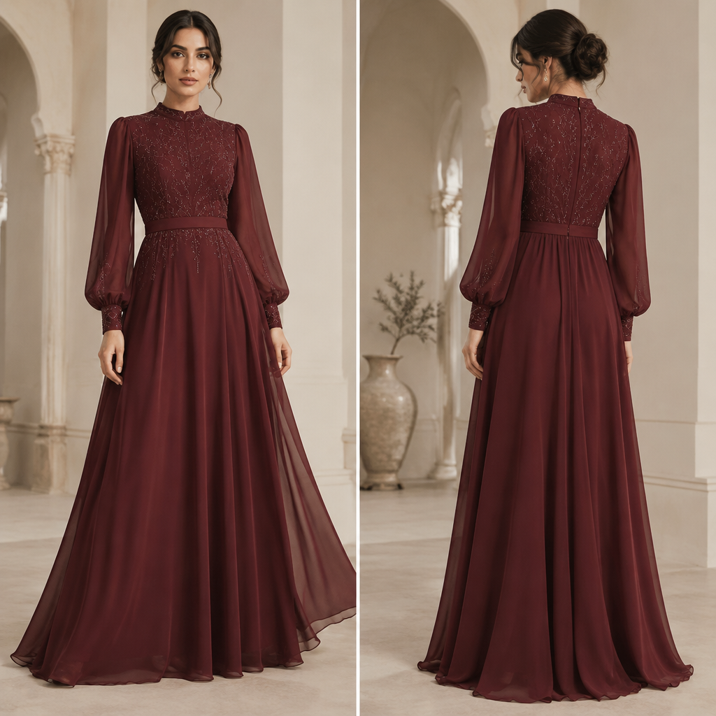 A Female Dress design, made of Chiffon, with a light, flowing drape, with an A-Line silhouette, with modest, full coverage: longer hemlines, higher necklines and covered shoulders, for Party, suitable for Summer, suited to a Temperate climate, in Elegant + Minimalist + Luxury style, shown on a model with olive skin and a slim figure. اللون برجندي، فيه تطريز ناعم Present it as professional fashion catalogue photography: the garment is the subject, shown full-length with editorial styling, neutral posing and tasteful, non-suggestive framing.
photorealistic fashion design, A Female Dress design, made of Chiffon, with a light, flowing drape, with an A-Line silhouette, with modest, full coverage: longer hemlines, higher necklines and covered shoulders, for Party, suitable for Summer, suited to a Temperate climate, in Elegant + Minimalist + Luxury style, shown on a model with olive skin and a slim figure. اللون برجندي، فيه تطريز ناعم Present it as professional fashion catalogue photography: the garment is the subject, shown full-length with editorial styling, neutral posing and tasteful, non-suggestive framing., elegant style, just the design no text, show front and back