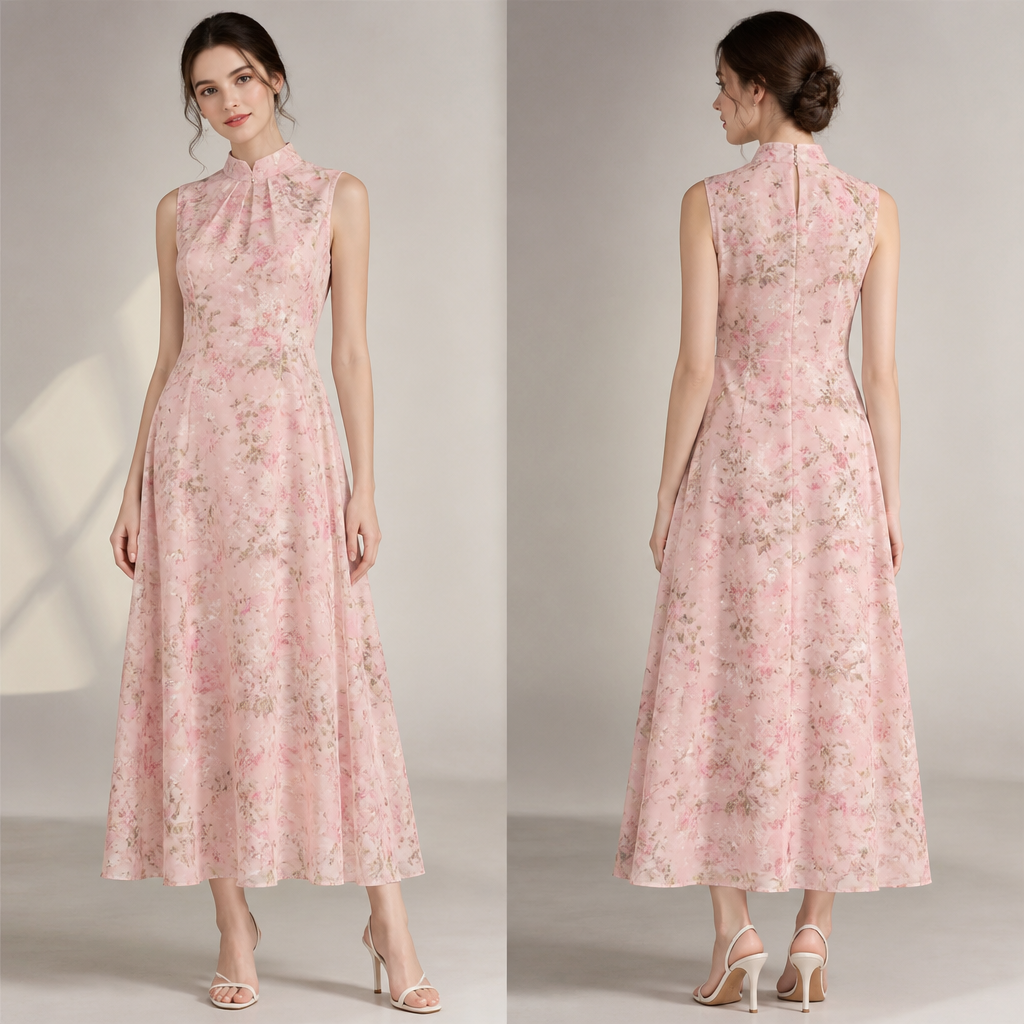 A Female Dress design, made of Cotton, with a light, flowing drape, with an A-Line silhouette, in a Pastels color palette, for Casual, suitable for Summer, in Classic style, shown on a model with light skin. A-shaped vintage turtleneck pink flower print dress Present it as professional fashion catalogue photography: the garment is the subject, shown full-length with editorial styling, neutral posing and tasteful, non-suggestive framing.
photorealistic fashion design, A Female Dress design, made of Cotton, with a light, flowing drape, with an A-Line silhouette, in a Pastels color palette, for Casual, suitable for Summer, in Classic style, shown on a model with light skin. A-shaped vintage turtleneck pink flower print dress Present it as professional fashion catalogue photography: the garment is the subject, shown full-length with editorial styling, neutral posing and tasteful, non-suggestive framing., classic style, just the design no text, show front and back