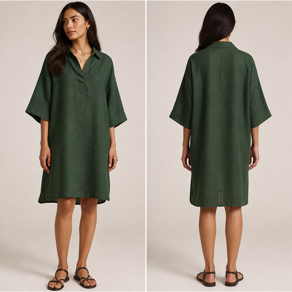A woman with a dark green linen shirt with a collar and wide sleeves below elbow. Dress length knee length. Should be flowy and airy but straight cut. Back should be plain.
photorealistic fashion design, A woman with a dark green linen shirt with a collar and wide sleeves below elbow. Dress length knee length. Should be flowy and airy but straight cut. Back should be plain., linen style, just the design no text, show front and back