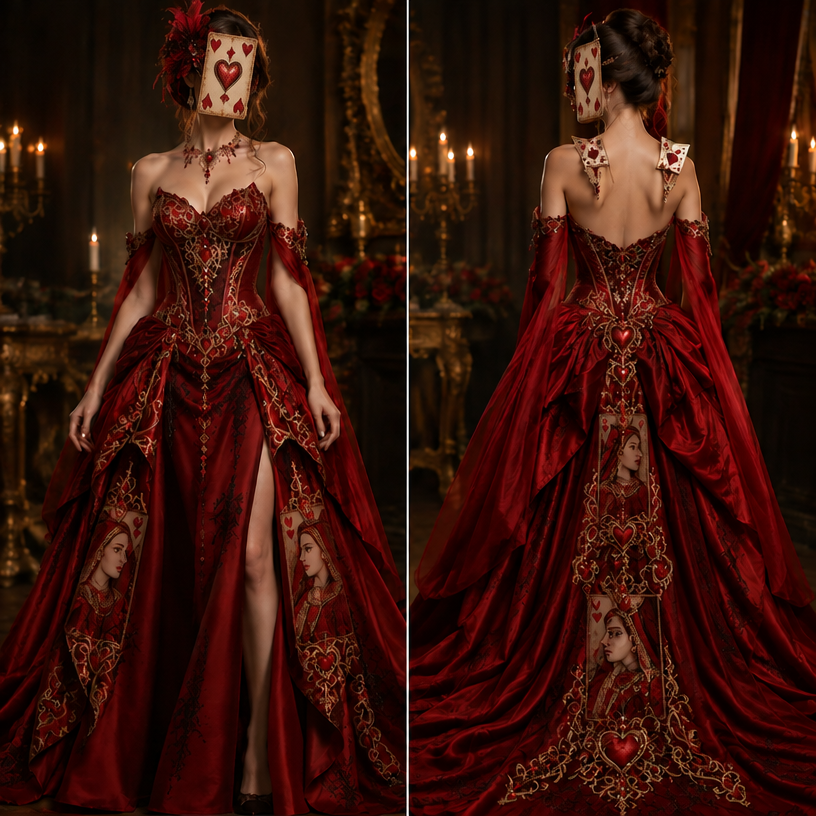 Remove the actual face of the queen, a simple card with the hearts like what is at the shoulder at the back is fine.
edit the attached fashion design with these instructions: Remove the actual face of the queen, a simple card with the hearts like what is at the shoulder at the back is fine.. keep it photorealistic, just the design no text