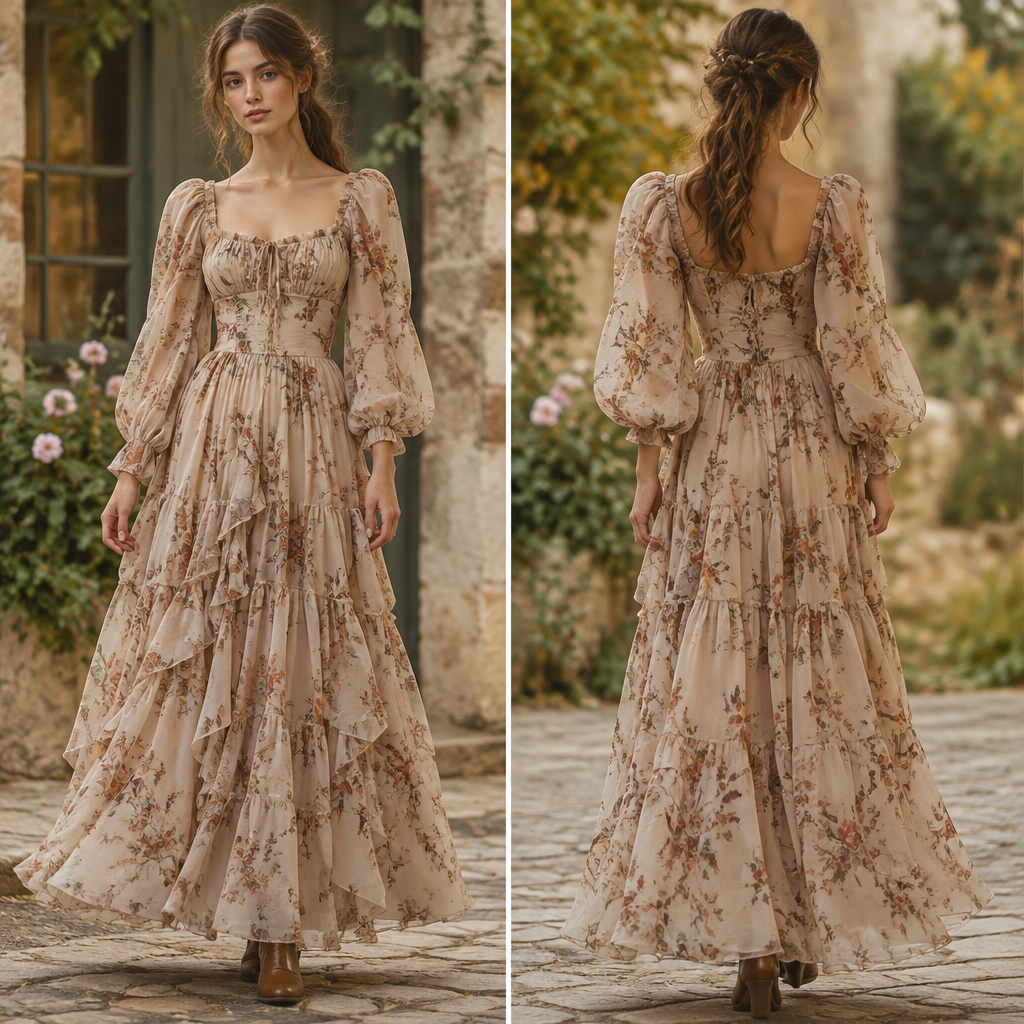 A Female Dress design, made of Chiffon, suitable for Fall, in Cottagecore style. IQ fashion aesthetics. Present it as professional fashion catalogue photography: the garment is the subject, shown full-length with editorial styling, neutral posing and tasteful, non-suggestive framing.
photorealistic fashion design, A Female Dress design, made of Chiffon, suitable for Fall, in Cottagecore style. IQ fashion aesthetics. Present it as professional fashion catalogue photography: the garment is the subject, shown full-length with editorial styling, neutral posing and tasteful, non-suggestive framing., cottagecore style, just the design no text, show front and back