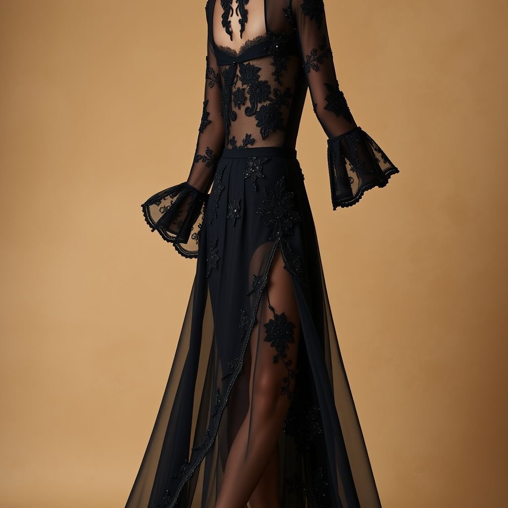 Long sheer black tight fitting dress
Envision a breathtaking long sheer black dress, tailored to perfection in haute couture style. The fabric drapes luxuriously, featuring intricate lace overlays and delicate beading that catches the light with every movement. Elegant bell sleeves add drama, while a high slit reveals a glimpse of intricately embroidered undergarments, enhancing the allure.