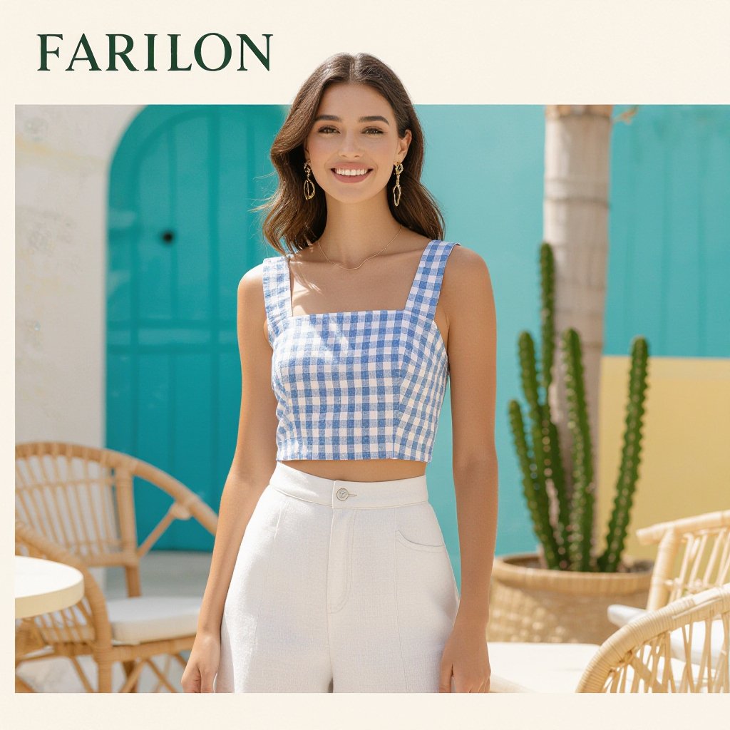 Crop tops checked linen material, summer, vibe, sleeveless square neck length until belly
Checked linen crop top, sleeveless, square neck, summery, belly length.