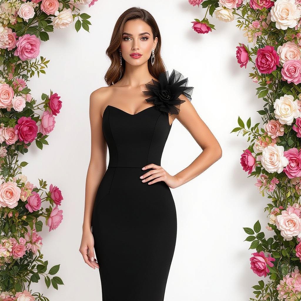 Black short dress made with net stuff flower made with net on left shulder
Elegant fashion: Black short dress, net fabric. Net flower detail on left shoulder. Elegant, fitted silhouette, understated.