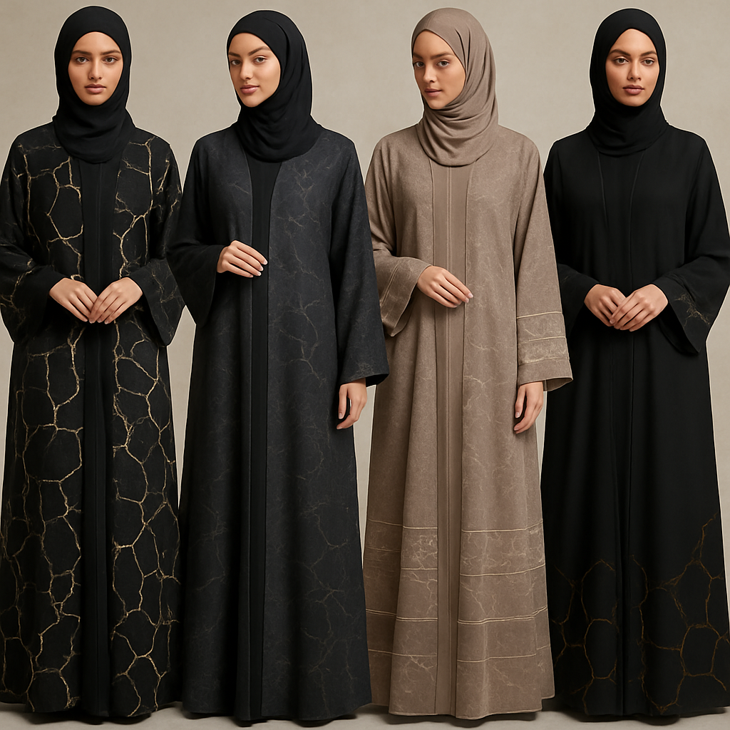 Create a modest abaya that's the first of its kind, featuring a unique stone design that exudes a classy and sophisticated vibe. I'd like four designs, each showcasing different styles and fabrics.
Incorporate high-end, unique chic stone designs to make them truly special. Add little sophisticated stone design.

Create a modest abaya that's the first of its kind, featuring a unique stone design that exudes a classy and sophisticated vibe. I'd like four designs, each showcasing different styles and fabrics.
Incorporate high-end, unique chic stone designs to make them truly special. Add little sophisticated stone design.
