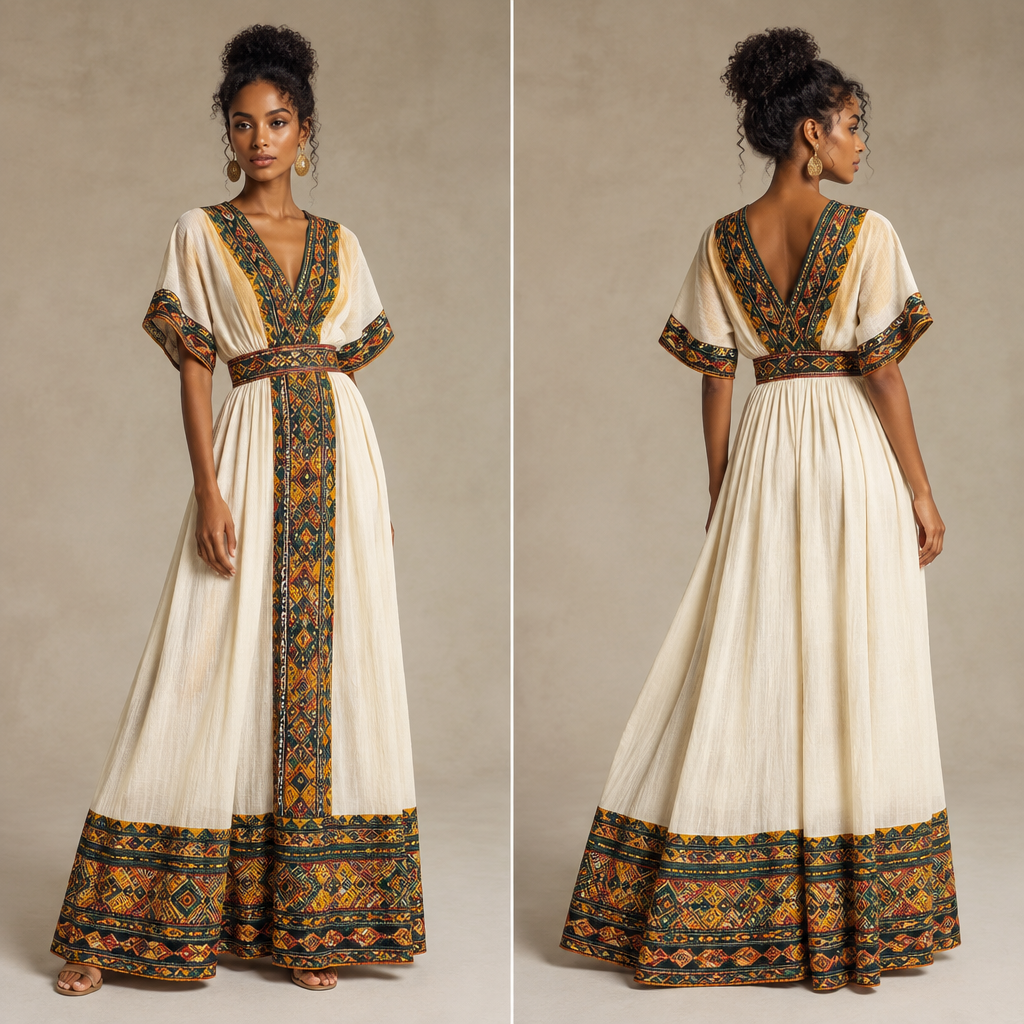 A Female Dress design, suitable for Summer. Ethiopia fashion aesthetics. Present it as professional fashion catalogue photography: the garment is the subject, shown full-length with editorial styling, neutral posing and tasteful, non-suggestive framing.
photorealistic fashion design, A Female Dress design, suitable for Summer. Ethiopia fashion aesthetics. Present it as professional fashion catalogue photography: the garment is the subject, shown full-length with editorial styling, neutral posing and tasteful, non-suggestive framing., just the design no text