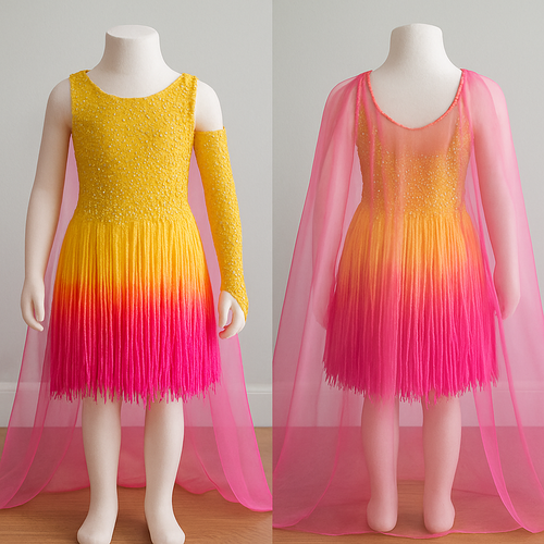 Yellow rhinestone beaded bodice with a ombré pink and yellow fringe
 skirt that looks like a dress with one yellow beaded arm sleeve. Attached will be a pink organza cape that drapes past the feet for an 8 year old