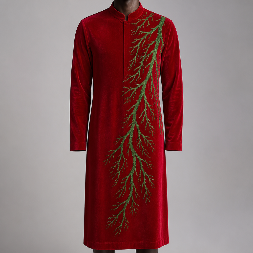 A Male Top design, made of Velvet, suitable for Summer. Senegalese red long top stretching to below the knee with a priest colar and green root like pattern on the left side
photorealistic fashion design, A Male Top design, made of Velvet, suitable for Summer. Senegalese red long top stretching to below the knee with a priest colar and green root like pattern on the left side, just the design no text