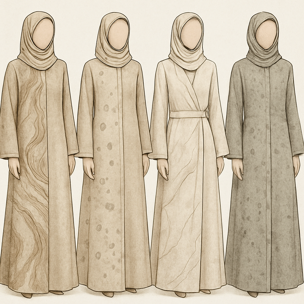 Create a modest two-piece linen abaya, the first of its kind, featuring a unique stone design that exudes a classy and sophisticated vibe. I’d like four designs, each showcasing different styles and fabrics. Incorporate high-end, unique chic stone designs to make them truly special. Add little sophisticated stone designs.

Create a modest two-piece linen abaya, the first of its kind, featuring a unique stone design that exudes a classy and sophisticated vibe. I’d like four designs, each showcasing different styles and fabrics. Incorporate high-end, unique chic stone designs to make them truly special. Add little sophisticated stone designs.