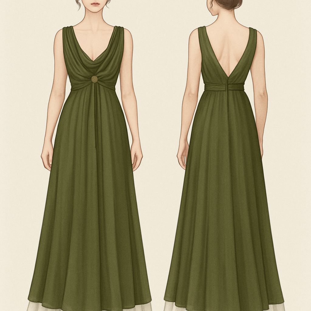 es soll ein Maxi kleid sein. Mit einem großen Wasserfall ausschnitt, der bis unter die Brust geht. Hinter dem Stoff von dem Wasserfall ausschnitt soll ein Stoff sein der die oberweite bedeckt, der Stoff der die Brüste bedeckt soll mit einer Art schnalle in der Mitte zusammen gerafft werden. In einem dunklen Olive grün. Und einem weißen Unterrock, der etwas Tüll mäßig ist, den man unter dem grünen Stoff ein wenig sieht.
es soll ein Maxi kleid sein. Mit einem großen Wasserfall ausschnitt, der bis unter die Brust geht. Hinter dem Stoff von dem Wasserfall ausschnitt soll ein Stoff sein der die oberweite bedeckt, der Stoff der die Brüste bedeckt soll mit einer Art schnalle in der Mitte zusammen gerafft werden. In einem dunklen Olive grün. Und einem weißen Unterrock, der etwas Tüll mäßig ist, den man unter dem grünen Stoff ein wenig sieht. , show front and back