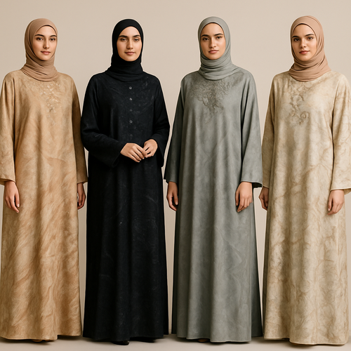 Create a modest boubou, the first of its kind, featuring a unique stone design that exudes a classy and sophisticated vibe. I'd like four designs, each showcasing different styles and fabrics. Incorporate high-end, unique chic stone designs to make them truly special. Add little sophisticated stone designs.