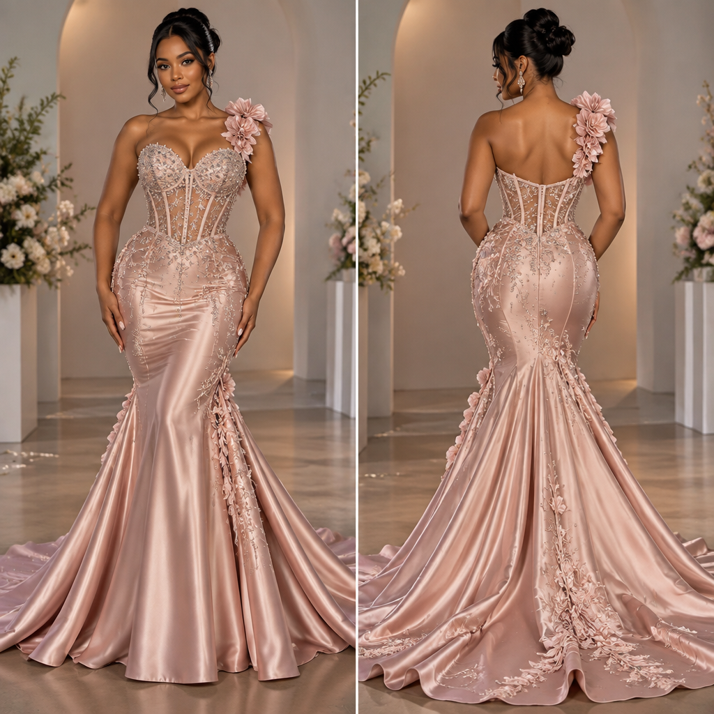 A Female Dress design, made of Satin, Lace and Crystal Beading with 3D floral appliqué, with elegant glam coverage: sweetheart neckline with boned illusion corset bodice and visible corsetry boning, one-shoulder large 3D flower cluster detail, crystal embroidered cups and crystal vine lace at waist and hips, fitted mermaid silhouette with satin fishtail train, for Matric Dance, Prom, Evening Gala, suitable for Spring and Summer, suited to a Temperate climate, in Elegant + Glam + Romantic + Luxury style, shown on a model with a curvy hourglass figure. South Africa fashion aesthetics. Present it as professional fashion catalogue photography, the garment is the subject, shown full-length with editorial styling, neutral posing and tasteful, non-suggestive framing. Show Front and Back view.
photorealistic fashion design, A Female Dress design, made of Satin, Lace and Crystal Beading with 3D floral appliqué, with elegant glam coverage: sweetheart neckline with boned illusion corset bodice and visible corsetry boning, one-shoulder large 3D flower cluster detail, crystal embroidered cups and crystal vine lace at waist and hips, fitted mermaid silhouette with satin fishtail train, for Matric Dance, Prom, Evening Gala, suitable for Spring and Summer, suited to a Temperate climate, in Elegant + Glam + Romantic + Luxury style, shown on a model with a curvy hourglass figure. South Africa fashion aesthetics. Present it as professional fashion catalogue photography, the garment is the subject, shown full-length with editorial styling, neutral posing and tasteful, non-suggestive framing. Show Front and Back view., just the design no text, show front and back