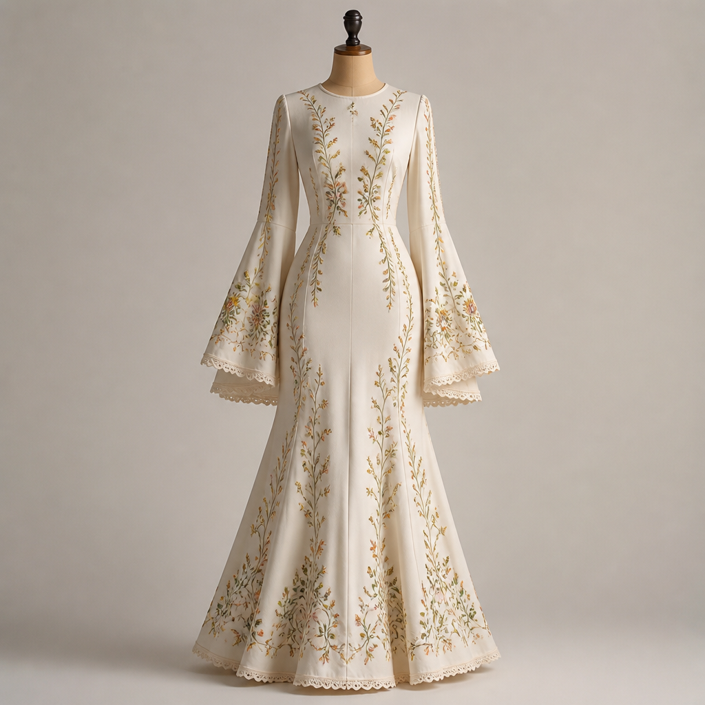 A Female Dress design, in Elegant + Cottagecore style. quiero un vestido con una falda larga ajustada de arriba y suelto de abajo, con un top de cuello normal y mangas campana sueltas. Mexico fashion aesthetics.
photorealistic fashion design, A Female Dress design, in Elegant + Cottagecore style. quiero un vestido con una falda larga ajustada de arriba y suelto de abajo, con un top de cuello normal y mangas campana sueltas. Mexico fashion aesthetics., elegant style, just the design no text