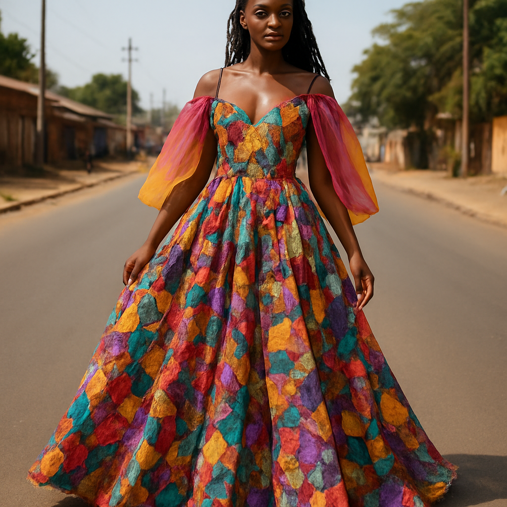 I want to Create one of kind colorful gown made from scrap fabric with iridescent touches and design with a colorful two tone chiffon for high end fashionista that will give it a sophisticated and gorgeous look on a real human dark skin modeling it on the roadside of a street in Africa.
I want to Create one of kind colorful gown made from scrap fabric with iridescent touches and design with a colorful two tone chiffon for high end fashionista that will give it a sophisticated and gorgeous look on a real human dark skin modeling it on the roadside of a street in Africa., hippy style