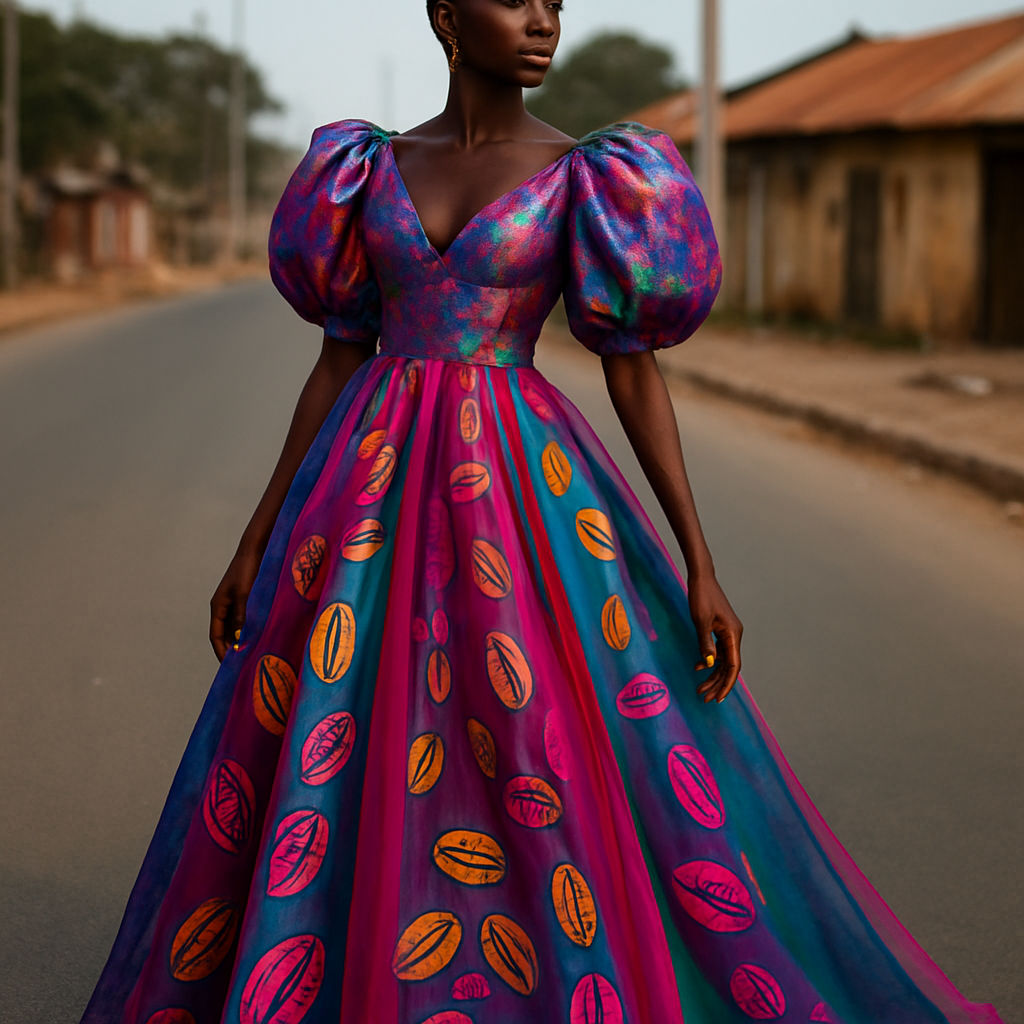 I want to Create one of kind colorful gown made from taffeta fabric with iridescent touches and design with a colorful two tone chiffon with designs of small and large cowries for high end fashionista that will give it a sophisticated and gorgeous look on a real human dark skin modeling it on the roadside of a street in Africa.
I want to Create one of kind colorful gown made from taffeta fabric with iridescent touches and design with a colorful two tone chiffon with designs of small and large cowries for high end fashionista that will give it a sophisticated and gorgeous look on a real human dark skin modeling it on the roadside of a street in Africa., edgy style