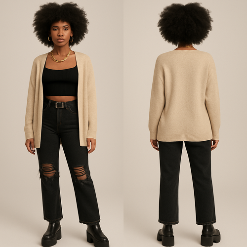 Holster top black ripped jeans platform boots a gold chain Afro hair gold earrings and gold necklace a cardigan 