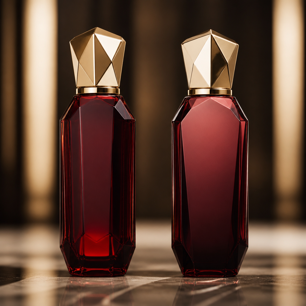 Front view and back view luxury cosmetic packaging. Front side displays only the product name in small refined serif typography. Back side completely blank and untouched. No text, no logo, no ingredients, no barcode, no symbols, no decoration. Deep burgundy faceted crystal glass. Sculptural champagne-gold gemstone cap. Architectural geometry inspired by rare jewels. Timeless French luxury. Premium studio lighting. Ultra realistic product visualization. Luxury beauty editorial style.
photorealistic fashion design, Front view and back view luxury cosmetic packaging. Front side displays only the product name in small refined serif typography. Back side completely blank and untouched. No text, no logo, no ingredients, no barcode, no symbols, no decoration. Deep burgundy faceted crystal glass. Sculptural champagne-gold gemstone cap. Architectural geometry inspired by rare jewels. Timeless French luxury. Premium studio lighting. Ultra realistic product visualization. Luxury beauty editorial style., just the design no text