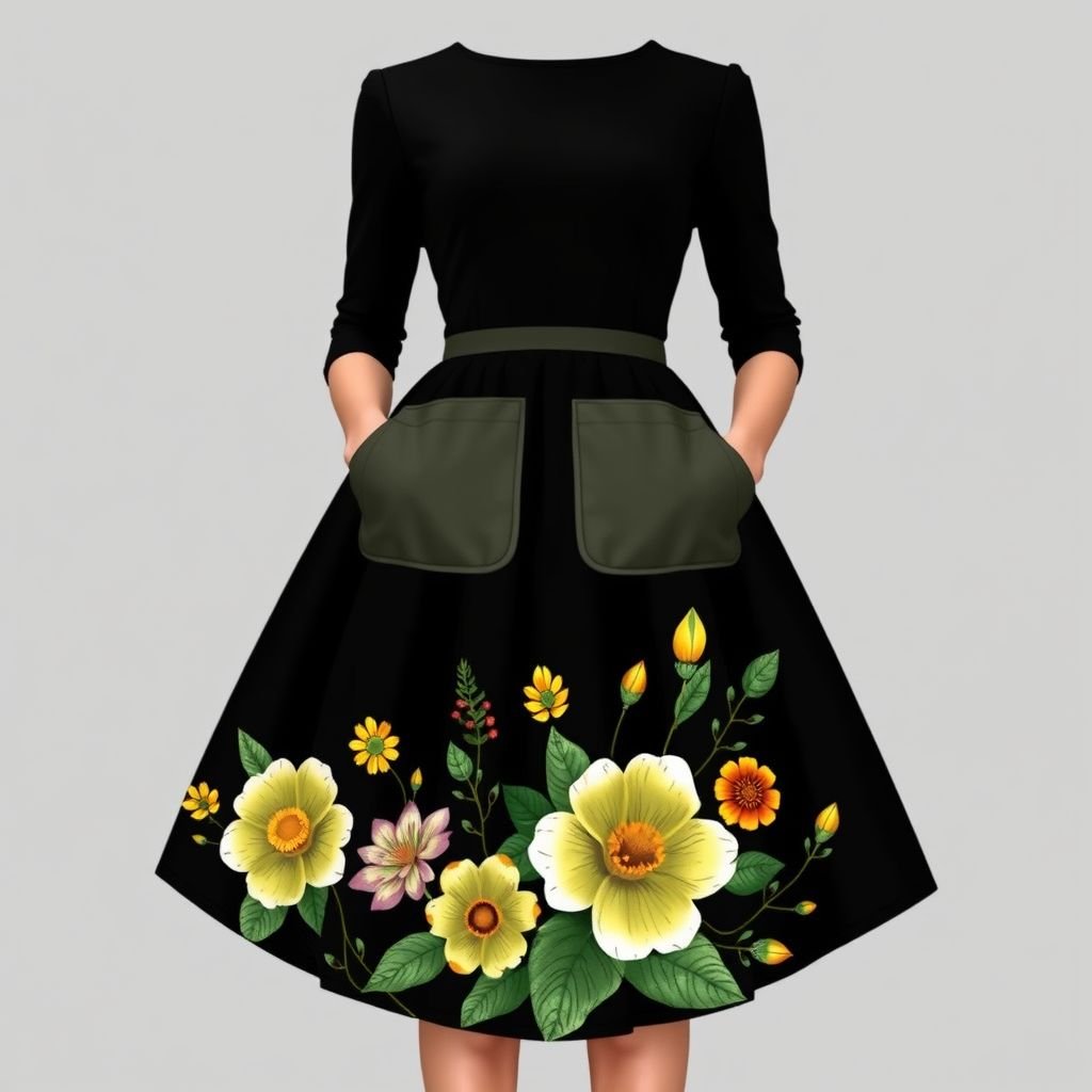 black dress just below the knees that is wide from the waist till the bottom with 2 big pockets on the sides. The lower part of the dress has very big flowers in green and yellow that are drawn freely and scattered
Design a glamorous black dress that elegantly falls just below the knees, featuring a voluminous silhouette that flares from the waist. Adorned with two chic, oversized pockets, the skirt bursts forth with whimsical, hand-drawn blooms in vibrant greens and sunny yellows, creating a striking contrast that exudes opulence and artistic flair.