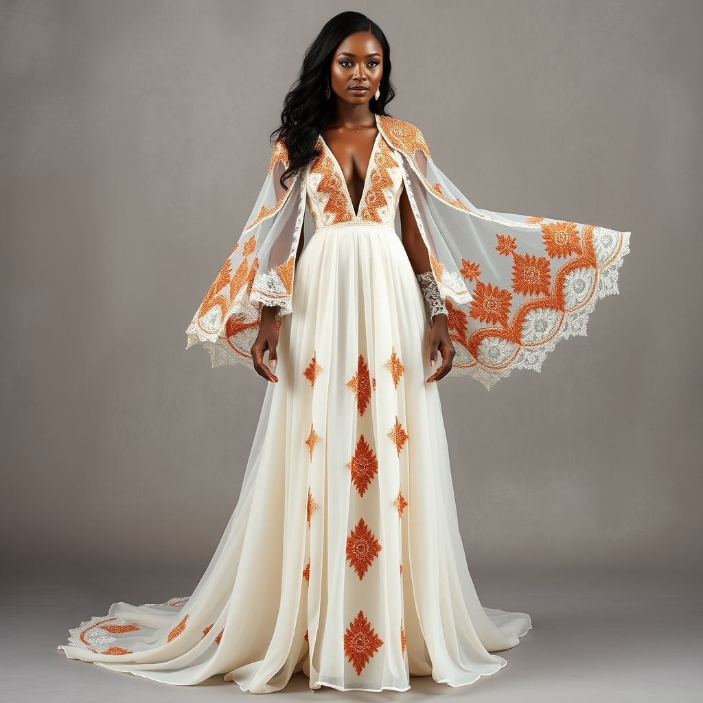 Ethereal wedding gown with somali culture
Design an ethereal wedding gown inspired by Somali culture, featuring intricate hand-embroidered geometric patterns in rich earth tones. The flowing silhouette drapes elegantly, with a billowing cape adorned with traditional beaded motifs. Sheer layers evoke a sense of weightlessness, while a plunging neckline and delicate, lace-trimmed sleeves add modern sophistication.