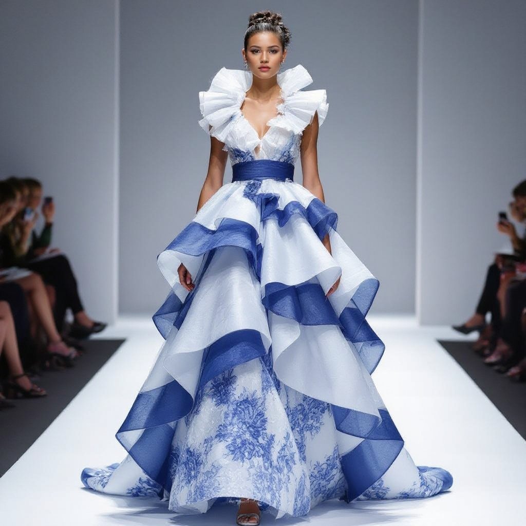 Photo frame dress of god in blue a white with frill
Blue and white silk organza photo frame dress with ruffled high neckline and tiered skirt.