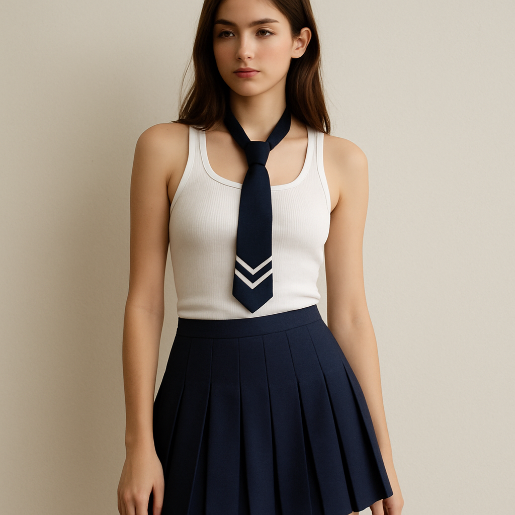 Un fille en jupe court et débardeur blanc
Un fille en jupe court et débardeur blanc
, collegiate style