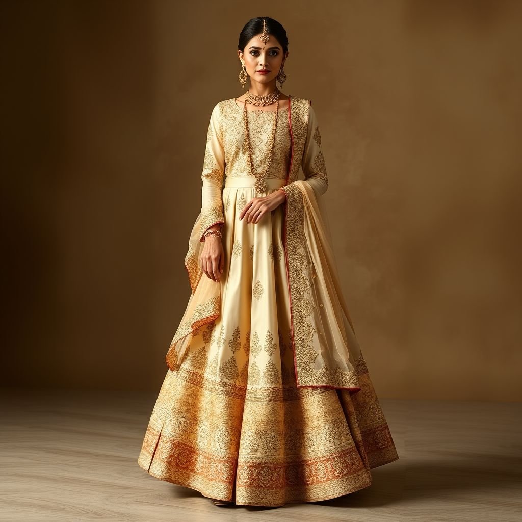 Indian
Design an elegant Indian traditional outfit showcasing exquisite craftsmanship, featuring a fitted silk kurta embellished with intricate gold embroidery. Pair it with a flowing, floor-length anarkali skirt that billows gracefully. Incorporate classic elements like a delicate dupatta, vintage-inspired jhumka earrings, and sophisticated handcrafted leather juttis for a timeless, regal look.