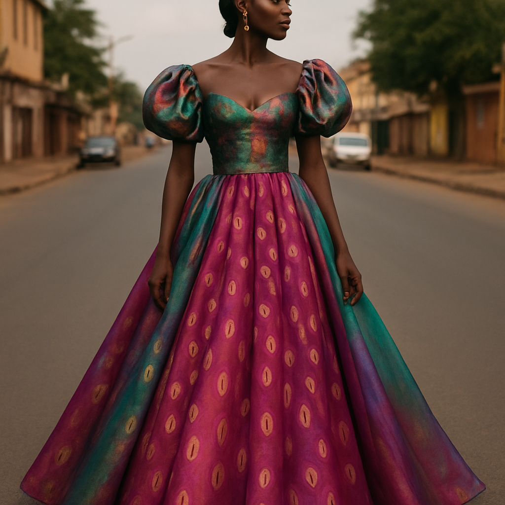 I want to Create one of kind colorful gown made from taffeta fabric with iridescent touches and design with a colorful two tone chiffon with designs of small and large real cowries for high end fashionista that will give it a sophisticated and gorgeous look on a real human dark skin modeling it on the roadside of a street in Africa.
I want to Create one of kind colorful gown made from taffeta fabric with iridescent touches and design with a colorful two tone chiffon with designs of small and large real cowries for high end fashionista that will give it a sophisticated and gorgeous look on a real human dark skin modeling it on the roadside of a street in Africa., classic style