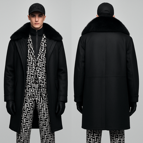 Men’s high fashion, sportswear, three-piece suit and overcoat, black and white Fendi Avangard with black mink fur