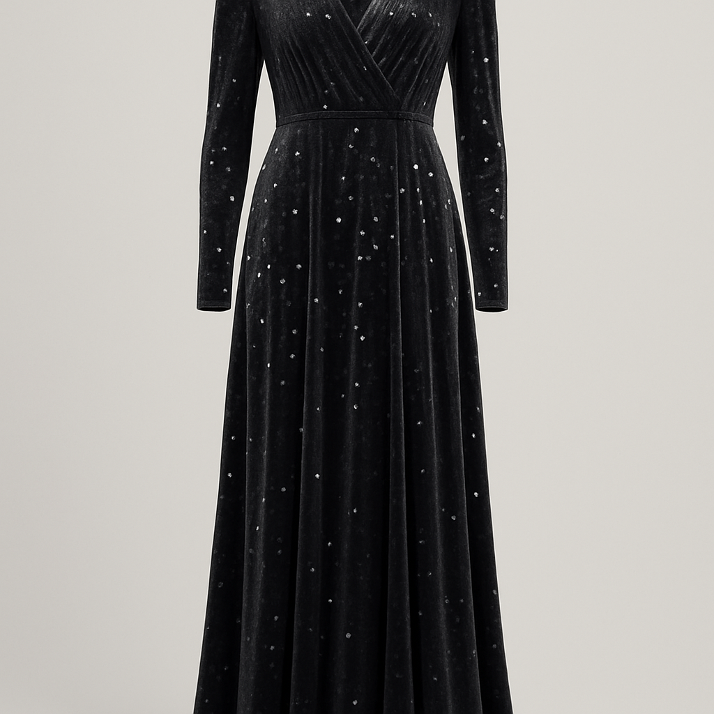 Velvet maxi dress charcoal colour with sporadic sequins
Velvet maxi dress charcoal colour with sporadic sequins