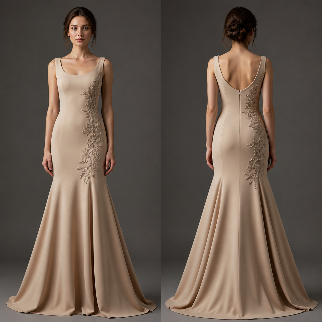 A beige dress, fitted from the bust down to below the waist, with a flared skirt starting from the hips.
The neckline is a slightly low, round shape.
The embroidery should be placed on the side.
photorealistic fashion design, A beige dress, fitted from the bust down to below the waist, with a flared skirt starting from the hips.
The neckline is a slightly low, round shape.
The embroidery should be placed on the side., just the design no text, show front and back