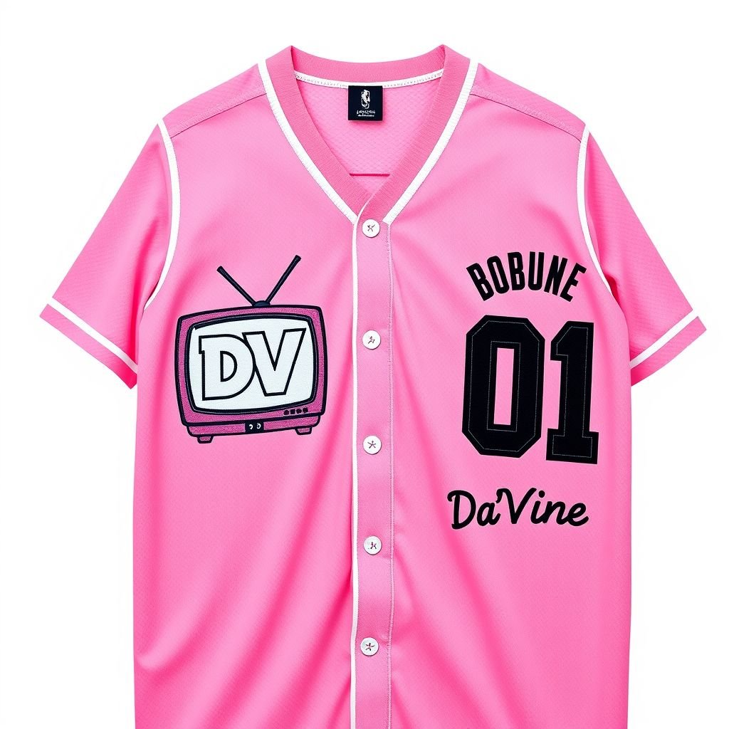 A street life, graphic V neck Jersey with the number 01 on the back that says “Da’Vine” & DV on the front with the DV being on a blank TV. I want the colors to be light pink and white. I want all the designs embroidered on the jersey. Show the front and back design
Design a vibrant streetwear V-neck jersey that embodies urban culture. The body features a striking light pink hue with bold white accents. The front boasts an embroidered “DV” logo displayed on a stylized blank TV, while the back showcases the number “01” alongside the word “Da’Vine.” Highlight intricate embroidery, blending playful graphics with a relaxed fit for the ultimate street style statement.