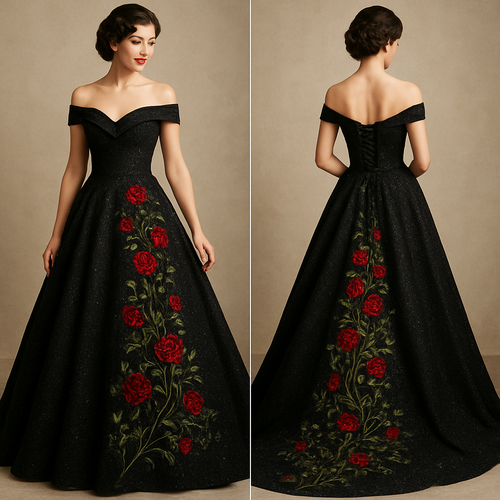Glittery wedding dress,black color, off the shoulder sleeves. With red roses and green vines embroidered cascading down the back of the dress flowing along the train. Corset top and lace up back.