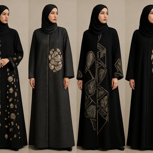 Create me modest abaya that's first in the world, using unique stone design, classy and sophisticated. Keep me 4 designs. Make them rich by adding unique chic stone high end designs and . Showcasing different styles and fabric.