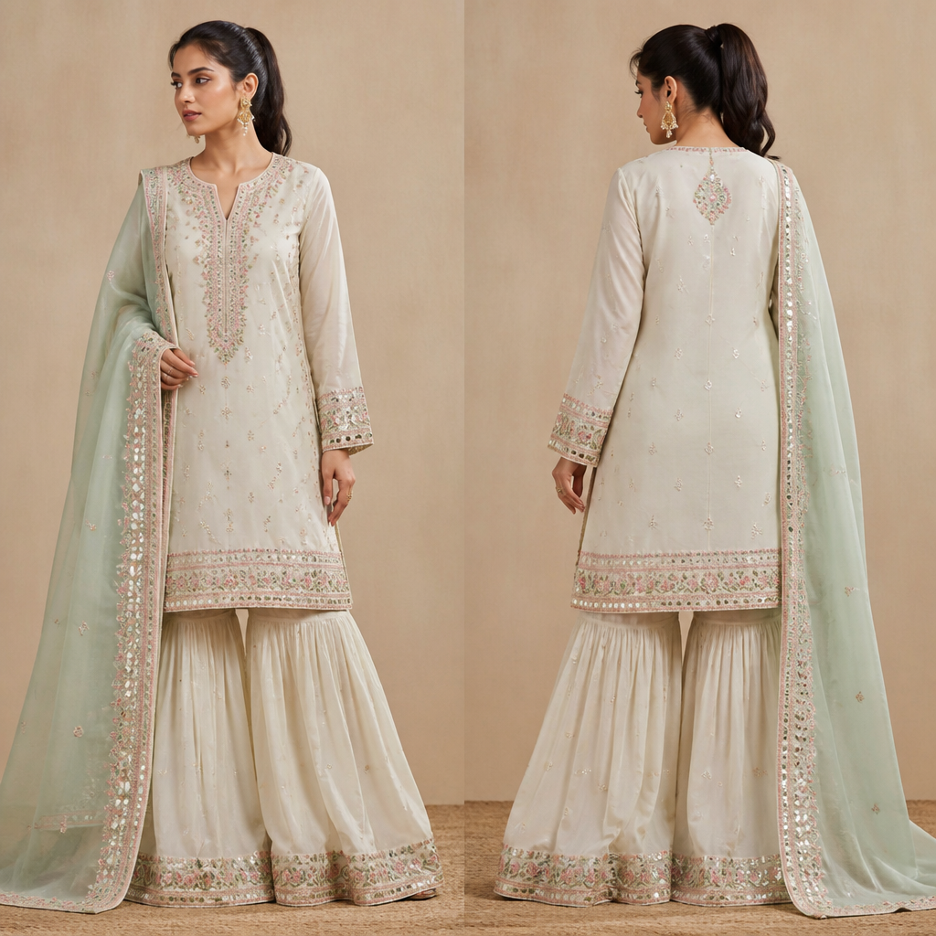 A Female Dress design, suitable for Summer. Consider Pakistani fashion — shalwar kameez, gharara, sharara; lawn fabrics, chiffon; intricate embroidery and mirror work. Current season is Summer in Pakistan.
photorealistic fashion design, A Female Dress design, suitable for Summer. Consider Pakistani fashion — shalwar kameez, gharara, sharara; lawn fabrics, chiffon; intricate embroidery and mirror work. Current season is Summer in Pakistan., just the design no text, show front and back