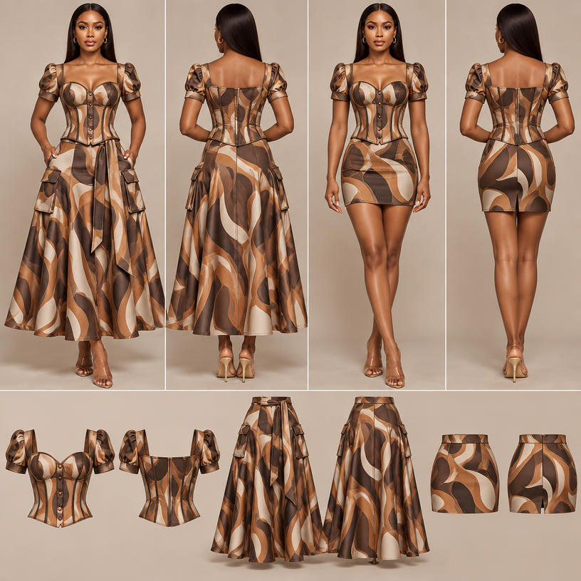 Keep the existing corset top exactly as shown, including the structured sweetheart/curved neckline, defined bust cups, corset panel seams, cinched waist, short puff sleeves and centre-front buttons. Keep the overall feminine silhouette.
Transform the outfit into a coordinated three-piece ready-to-wear set:
1. Corset top: Keep the current design, but make the corset construction clearly visible and polished for commercial ready-to-wear production.
2. Long skirt: Keep the high-waisted, full flared midi skirt with large functional patch pockets and the long statement waist tie.
3. Short skirt: Add a second high-waisted straight-cut mini skirt, fitted through the hips with a clean, slightly structured silhouette. It should NOT be flared. Keep it simple and sophisticated, with a concealed zipper and a subtle back or side slit. Do not add large pockets or a dramatic tie to the short skirt.
Fabric and print: Replace the plain beige fabric with an original luxury abstract textile print in deep chocolate brown, caramel, cream and subtle warm tan. Use an elegant medium-scale organic geometric/abstract pattern that looks like a professionally manufactured fashion fabric, not an illustration or Ankara print. The same print must be used consistently across all three pieces.
Overall aesthetic: contemporary Nigerian ready-to-wear fashion, feminine, sexy but sophisticated, youthful, premium, wearable and commercially producible. The pieces should look like an intentional matching set while each piece remains wearable separately.
Show all three pieces clearly: corset top, long flared skirt and short straight skirt. Include front and back views. Keep the garment construction realistic and suitable for an actual fashion sample.
edit the attached fashion design with these instructions: Keep the existing corset top exactly as shown, including the structured sweetheart/curved neckline, defined bust cups, corset panel seams, cinched waist, short puff sleeves and centre-front buttons. Keep the overall feminine silhouette.
Transform the outfit into a coordinated three-piece ready-to-wear set:
1. Corset top: Keep the current design, but make the corset construction clearly visible and polished for commercial ready-to-wear production.
2. Long skirt: Keep the high-waisted, full flared midi skirt with large functional patch pockets and the long statement waist tie.
3. Short skirt: Add a second high-waisted straight-cut mini skirt, fitted through the hips with a clean, slightly structured silhouette. It should NOT be flared. Keep it simple and sophisticated, with a concealed zipper and a subtle back or side slit. Do not add large pockets or a dramatic tie to the short skirt.
Fabric and print: Replace the plain beige fabric with an original luxury abstract textile print in deep chocolate brown, caramel, cream and subtle warm tan. Use an elegant medium-scale organic geometric/abstract pattern that looks like a professionally manufactured fashion fabric, not an illustration or Ankara print. The same print must be used consistently across all three pieces.
Overall aesthetic: contemporary Nigerian ready-to-wear fashion, feminine, sexy but sophisticated, youthful, premium, wearable and commercially producible. The pieces should look like an intentional matching set while each piece remains wearable separately.
Show all three pieces clearly: corset top, long flared skirt and short straight skirt. Include front and back views. Keep the garment construction realistic and suitable for an actual fashion sample.. keep it photorealistic, just the design no text