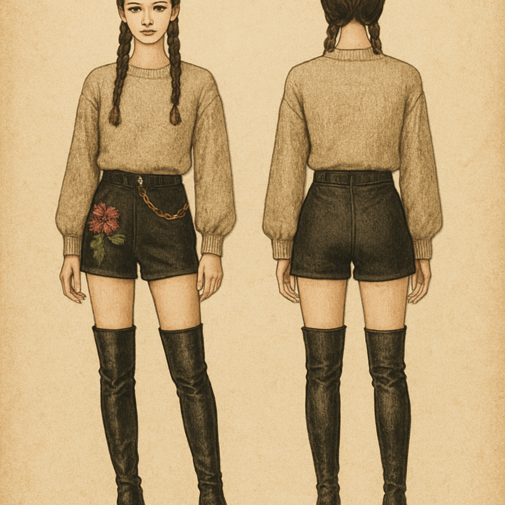 Sweater shirt black shorts gold chain on shorts flower on the shorts braids thigh high boots
Sweater shirt black shorts gold chain on shorts flower on the shorts braids thigh high boots , vintage style, show front and back